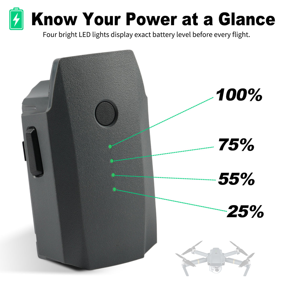 4-LED power display G-MVP drone battery showing 25%, 55%, 75%, 100% charge status