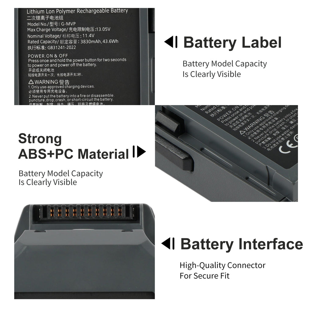 G-MVP drone battery features: clear label, durable ABS+PC shell and secure 16-pin metal connector