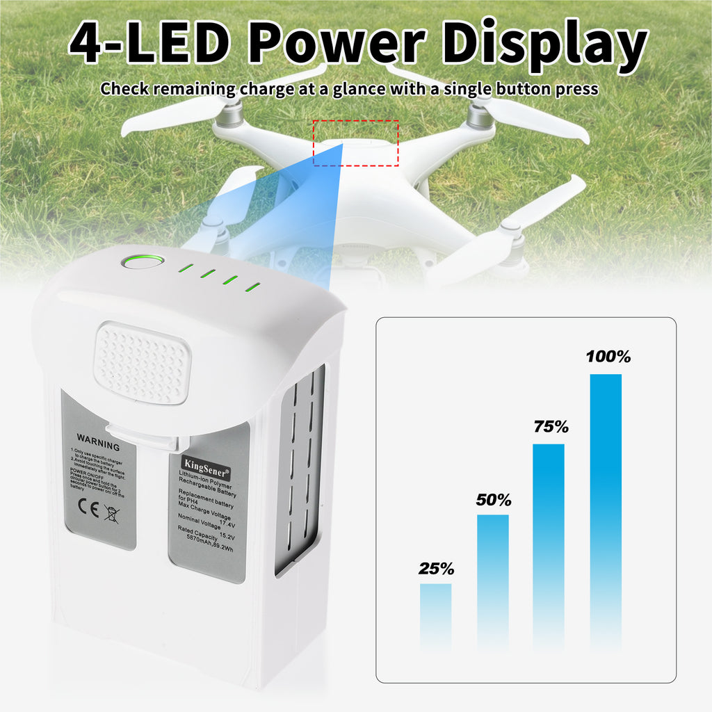 4-LED power display Phantom 4 drone battery showing 25%, 50%, 75%, 100% charge status
