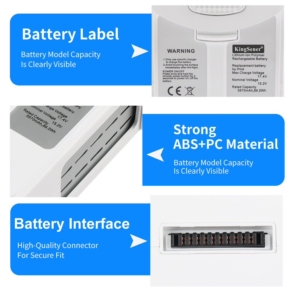 PH4 drone battery features: clear label, durable ABS+PC shell and secure high-quality 12-pin connector