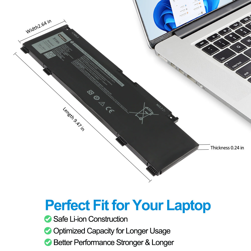 DELL 266J9 replacement laptop battery 11.4V 51Wh 4255mAh, dimensions 9.47x2.64x0.24in, safe Li-Polymer