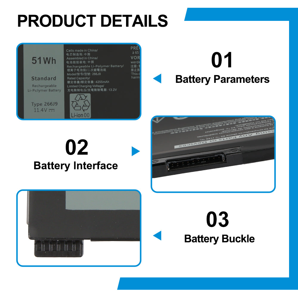 DELL 266J9 battery details: 11.4V 51Wh 4255mAh Li-Polymer with metal pin connector and buckle