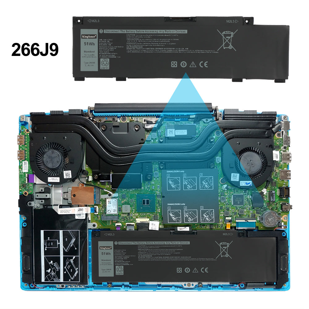DELL 266J9 dual battery installed inside G3 laptop with dual fans and DIMM DDR4 slots, exact fit