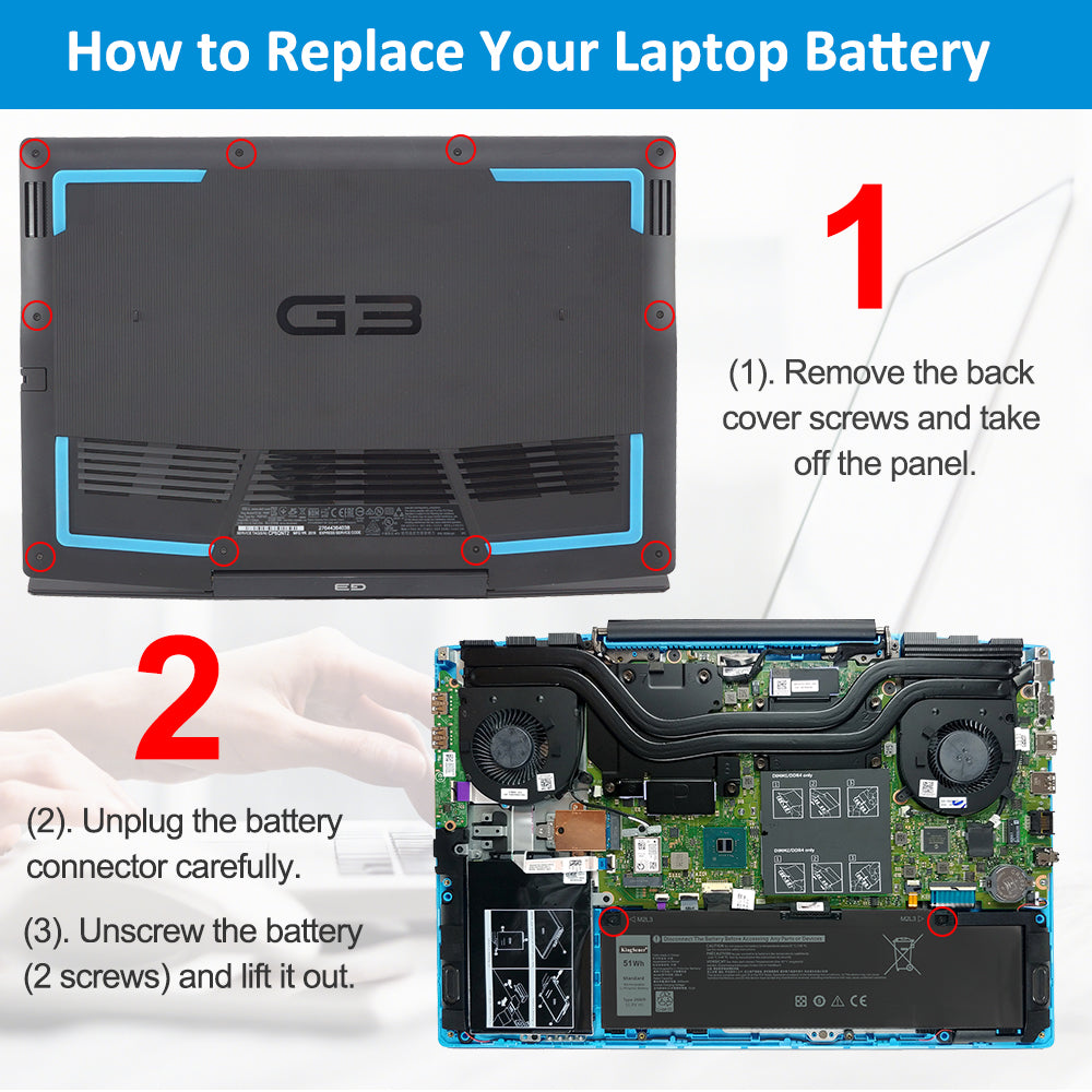 3-step DELL G3 266J9 battery replacement tutorial: remove 10 back cover screws, unplug connector, unscrew 2 screws