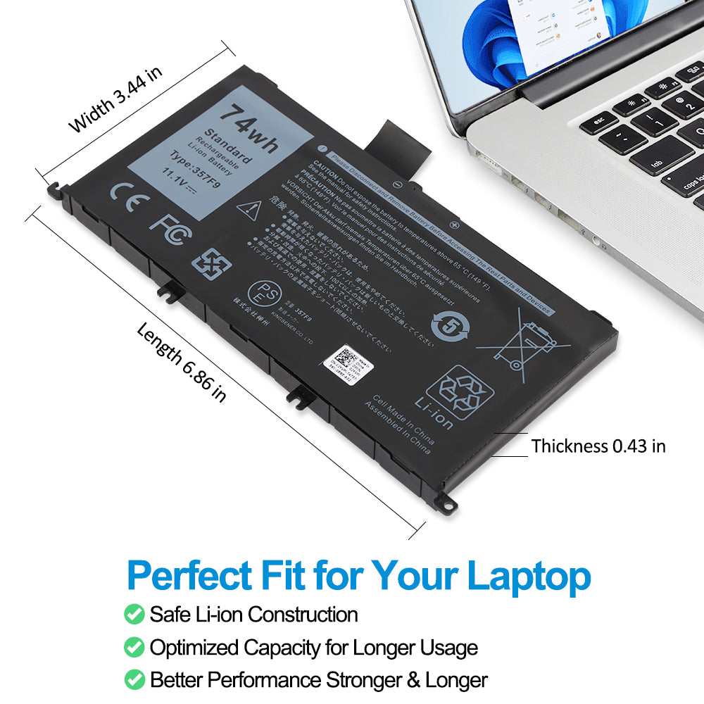 357F9 replacement laptop battery 74Wh 11.1V for Alienware, dimensions Width 3.44in Length 6.86in Thickness 0.43in