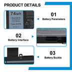 357F9 replacement laptop battery 74Wh 11.1V for Alienware, battery parameters interface connector and buckle detail