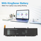 KingSener 5XJ6R battery powering Dell laptop for long-lasting work session showing data charts on screen, desk setup