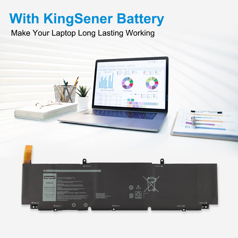 KingSener 5XJ6R battery powering Dell laptop for long-lasting work session showing data charts on screen, desk setup