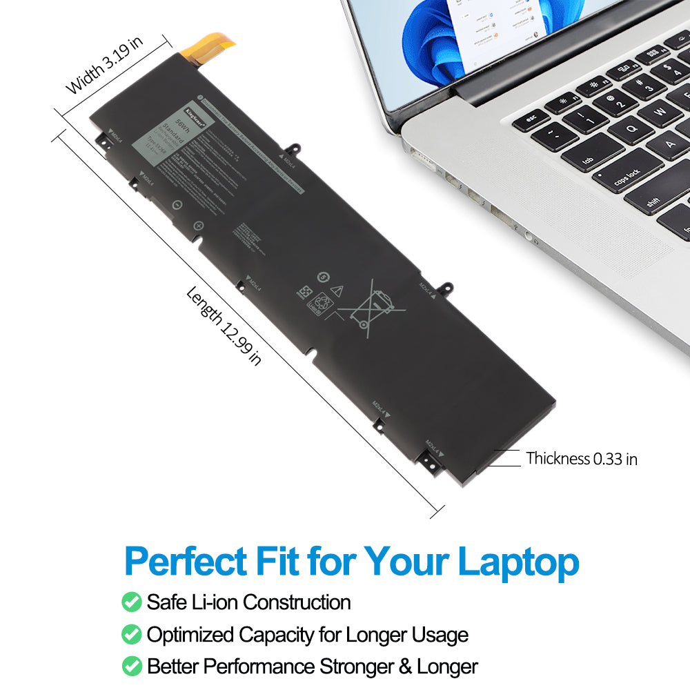 5XJ6R battery dimensions 12.99x3.19x0.33 inches perfect fit for Dell laptop, Li-ion construction optimized capacity