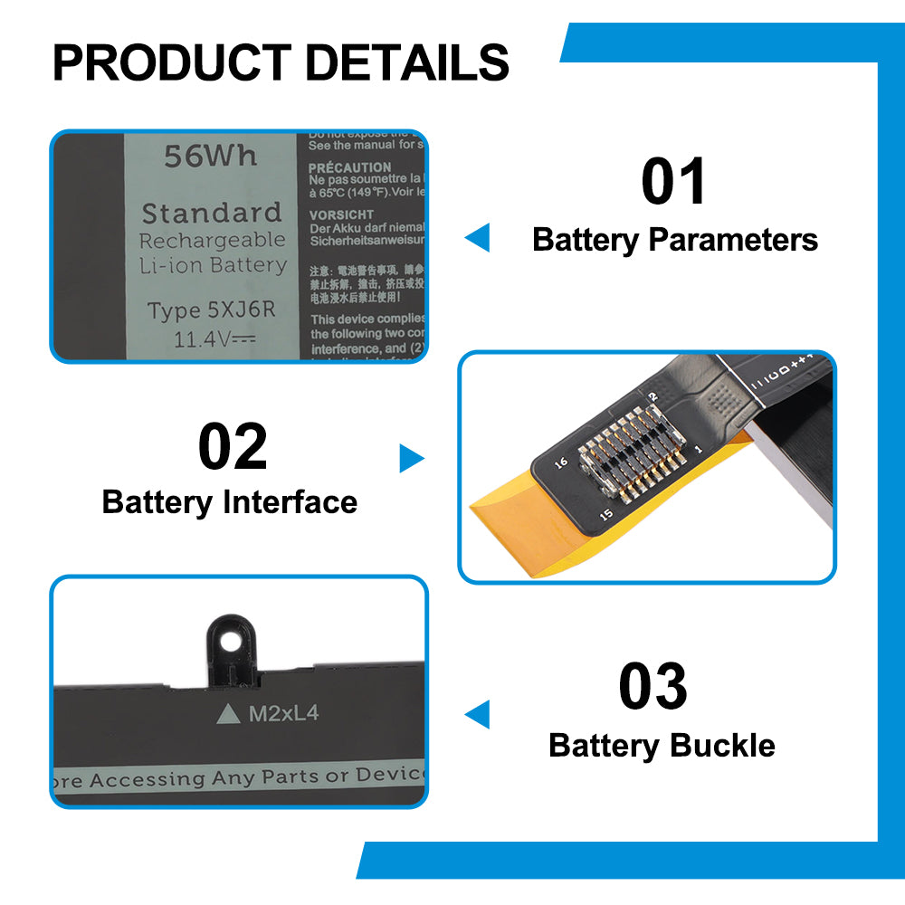5XJ6R product details: battery parameters label, flexible connector interface close-up, M2xL4 buckle mounting points