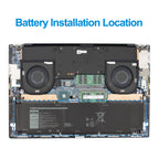 5XJ6R battery installation location inside Dell laptop chassis, positioned below dual cooling fans near motherboard area