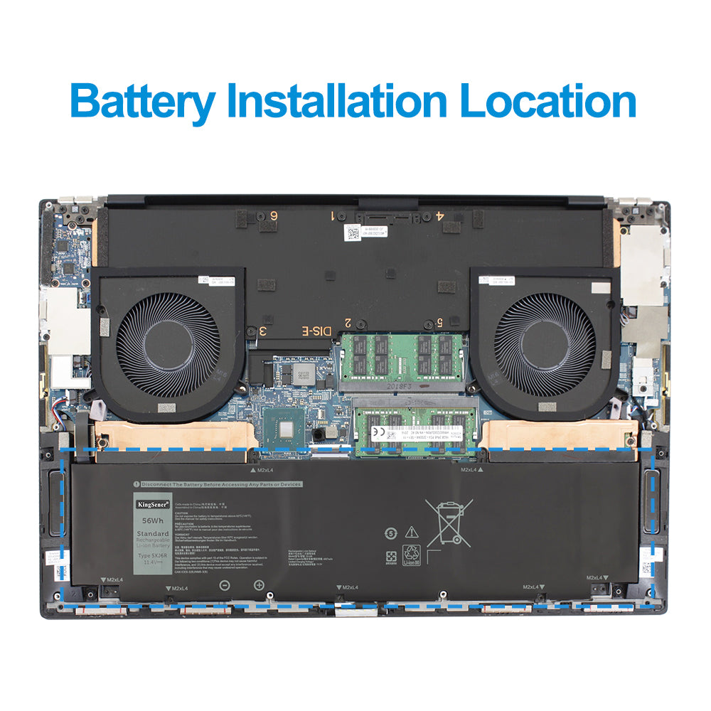 5XJ6R battery installation location inside Dell laptop chassis, positioned below dual cooling fans near motherboard area