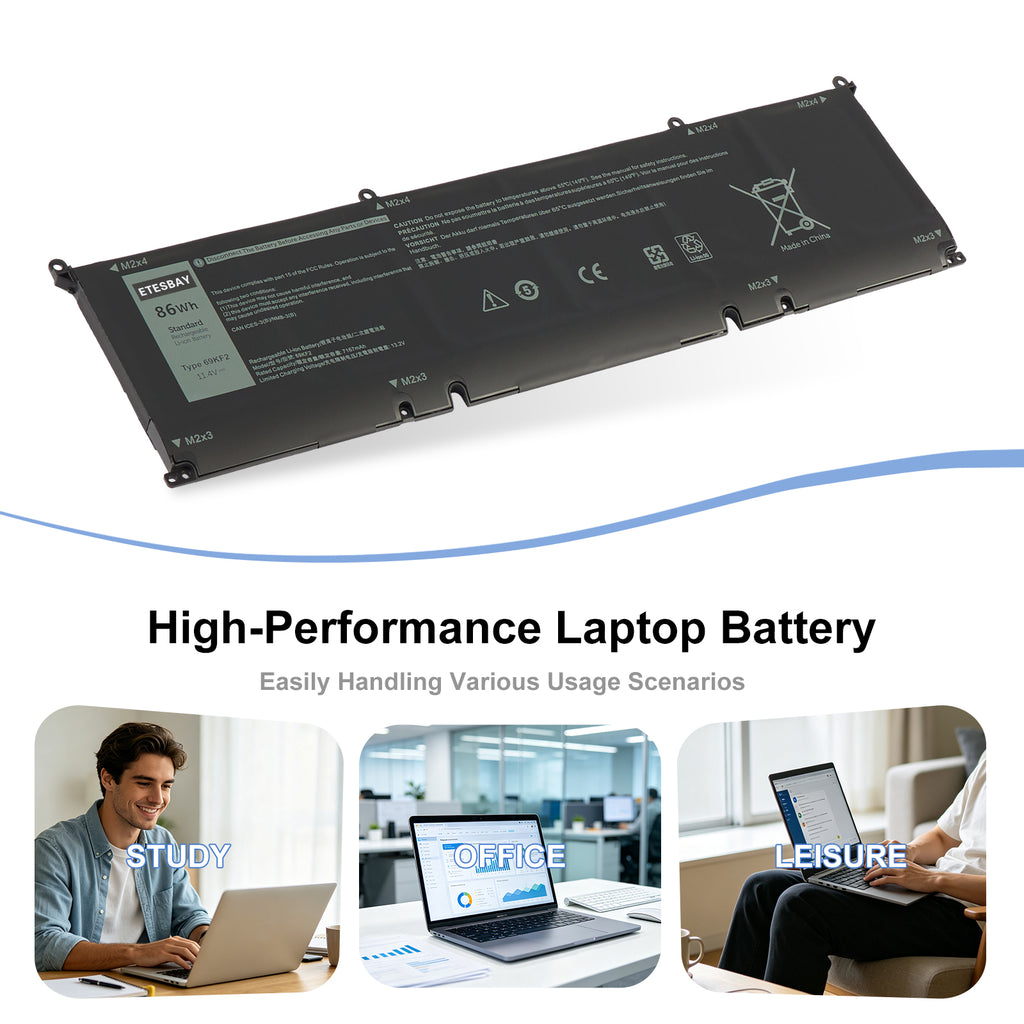 69KF2 battery product details showing power interface connector ETESBAY 86Wh label specs 7544mAh capacity FC CE RoHS certified