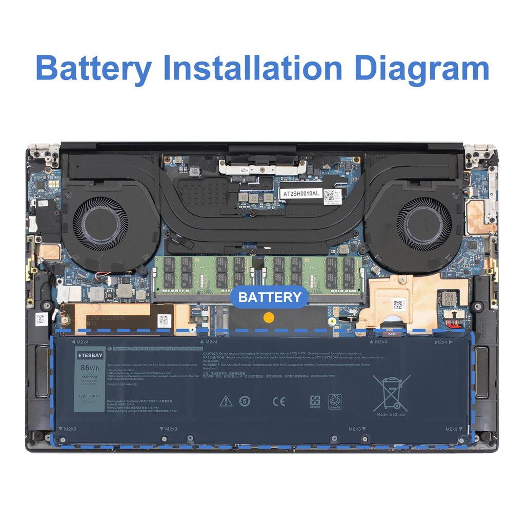 69KF2 battery internal placement location inside Dell laptop chassis between dual cooling fans motherboard and RAM slots
