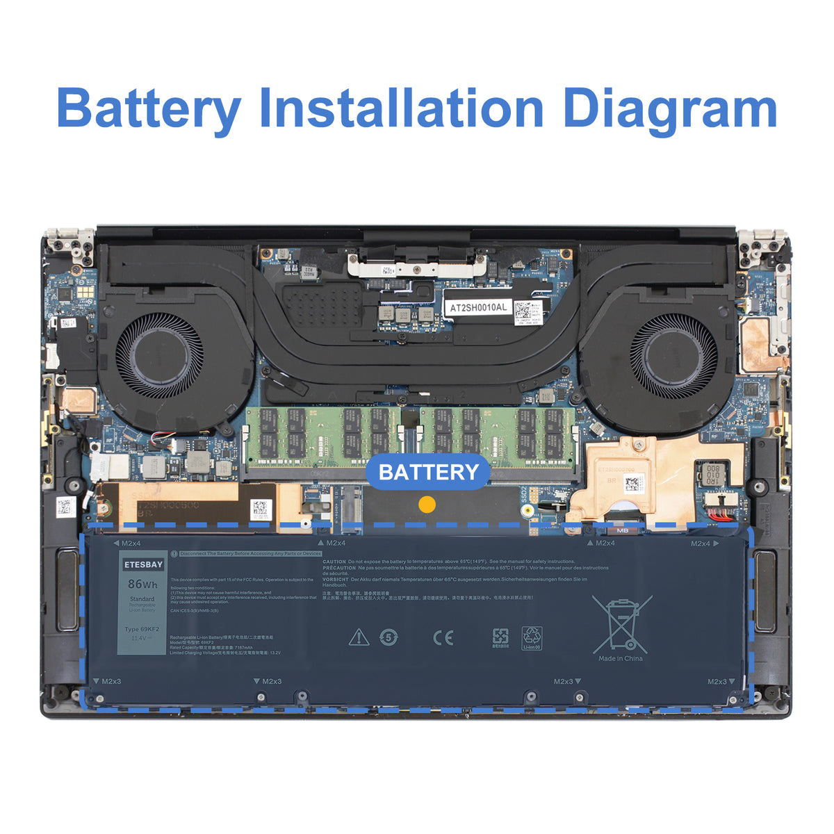 69KF2 battery internal placement location inside Dell laptop chassis between dual cooling fans motherboard and RAM slots