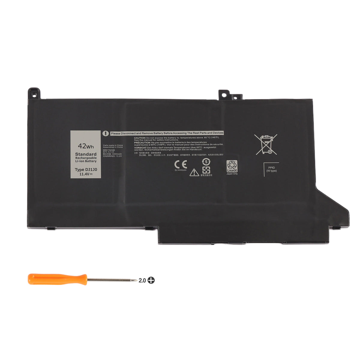 DJ1J0 11.4V 42Wh Dell replacement battery white background hero shot with orange 2.0 Phillips screwdriver for Latitude 7280 7480 series