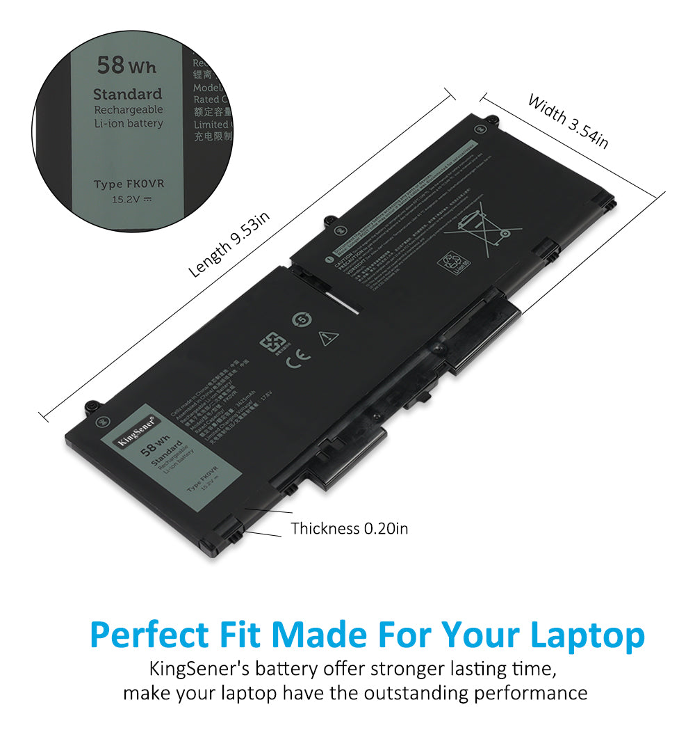 FK0VR battery exact dimensions 9.53 x 3.54 x 0.20 inches, 15.2V 58Wh Li-ion specification, precise fit for Dell laptop battery bay