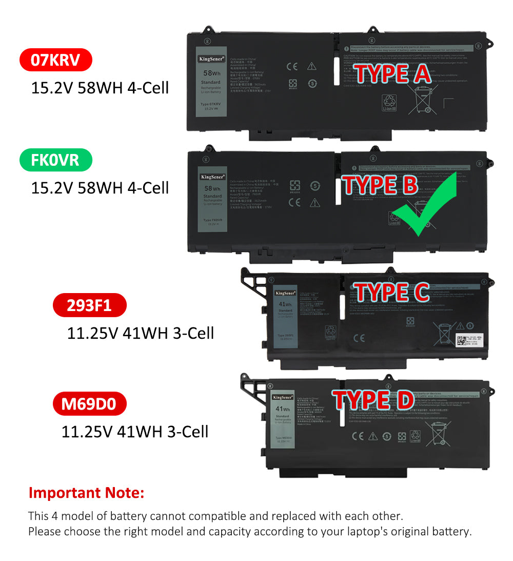 FK0VR Type B battery cannot compatible with Dell models 07KRV 293F1 M69D0, cross-reference guide for correct replacement selection