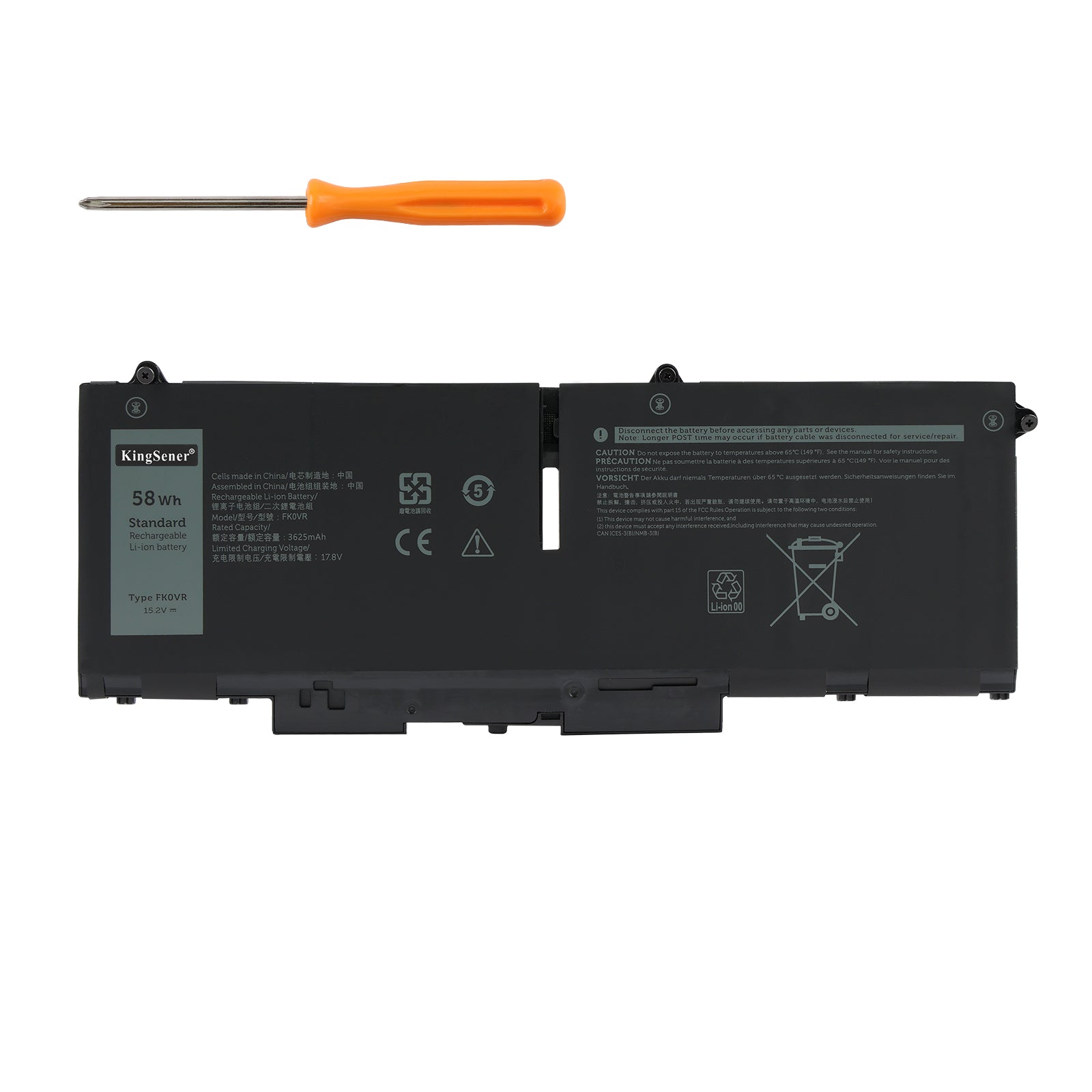 FK0VR battery full specifications: 15.2V 3625mAh 58Wh capacity, KingSener standard grade Li-ion replacement for Dell laptops