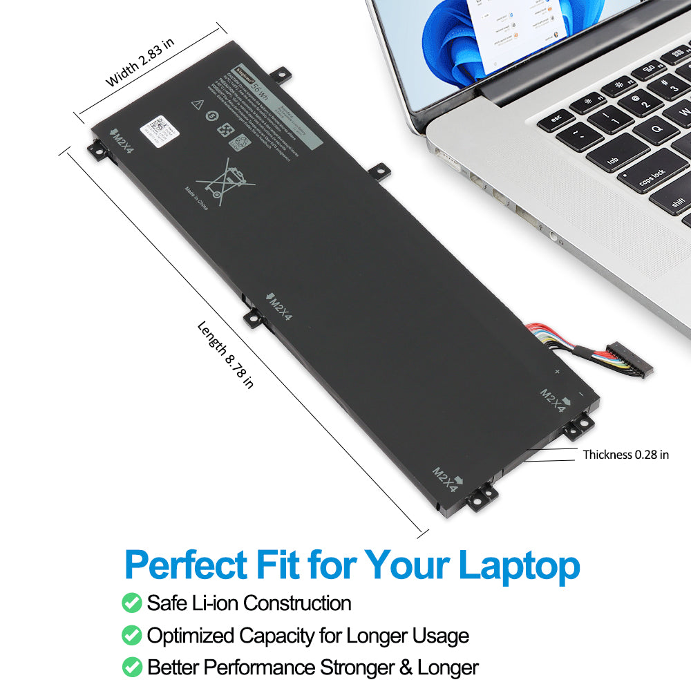 DELL H5H20 replacement laptop battery 11.4V 56Wh, dimensions 8.78x2.83x0.28in, safe Li-ion