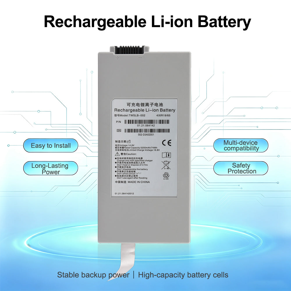 TWSLB-002 patient monitor battery white background, 14.8V 74Wh label, CE certified, safety badges