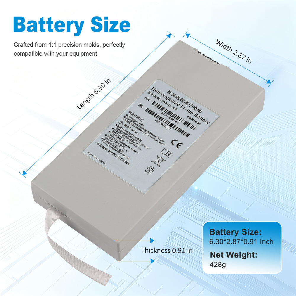 TWSLB-002 patient monitor battery dimensions length 6.30in width 2.87in thickness 0.91in weight 428g
