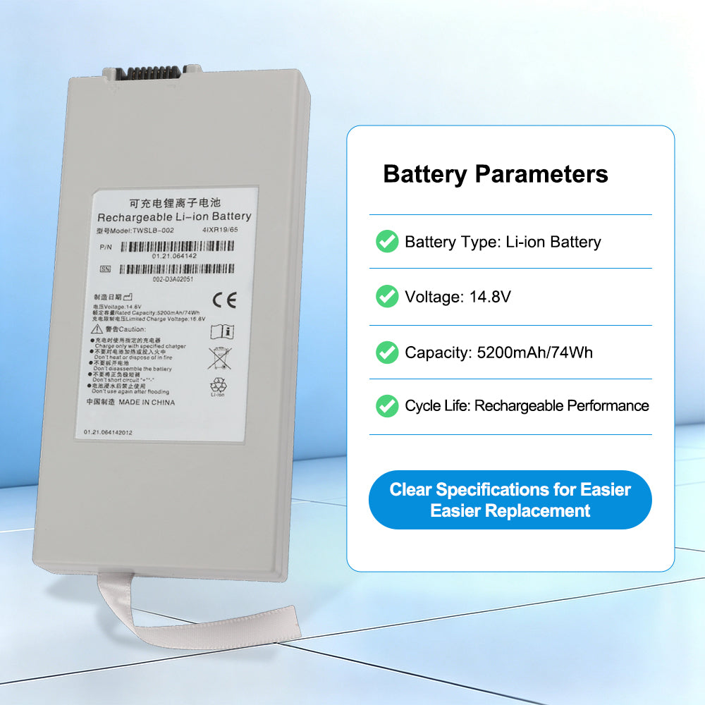 TWSLB-002 patient monitor battery parameters panel: 14.8V 5200mAh 74Wh Li-ion specs and cycle life
