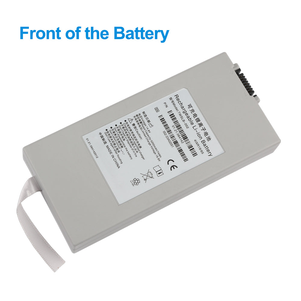 TWSLB-002 patient monitor battery front view with full label, CE mark, barcode, and pull tab