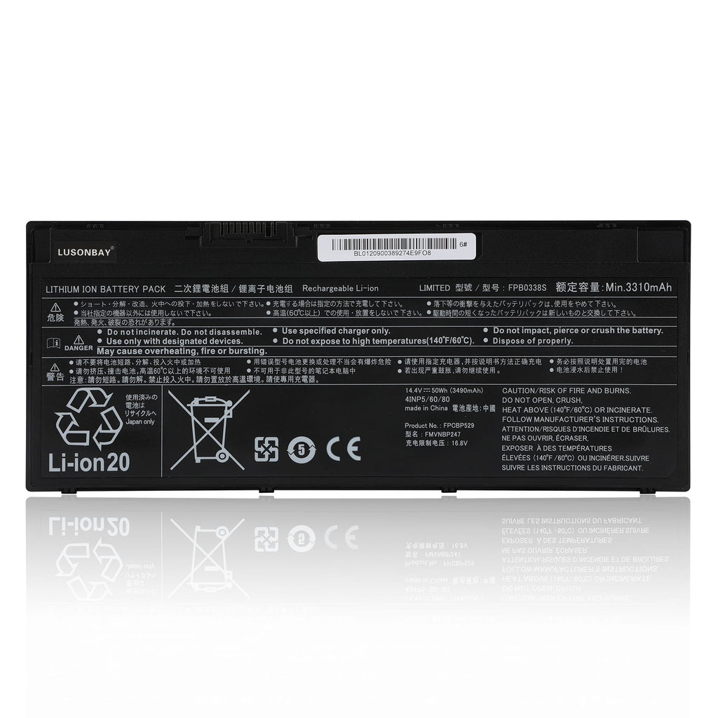 FPB0338S replacement battery for Fujitsu LifeBook E/U/T series, Li-ion 14.4V 3490mAh 50Wh, back label view