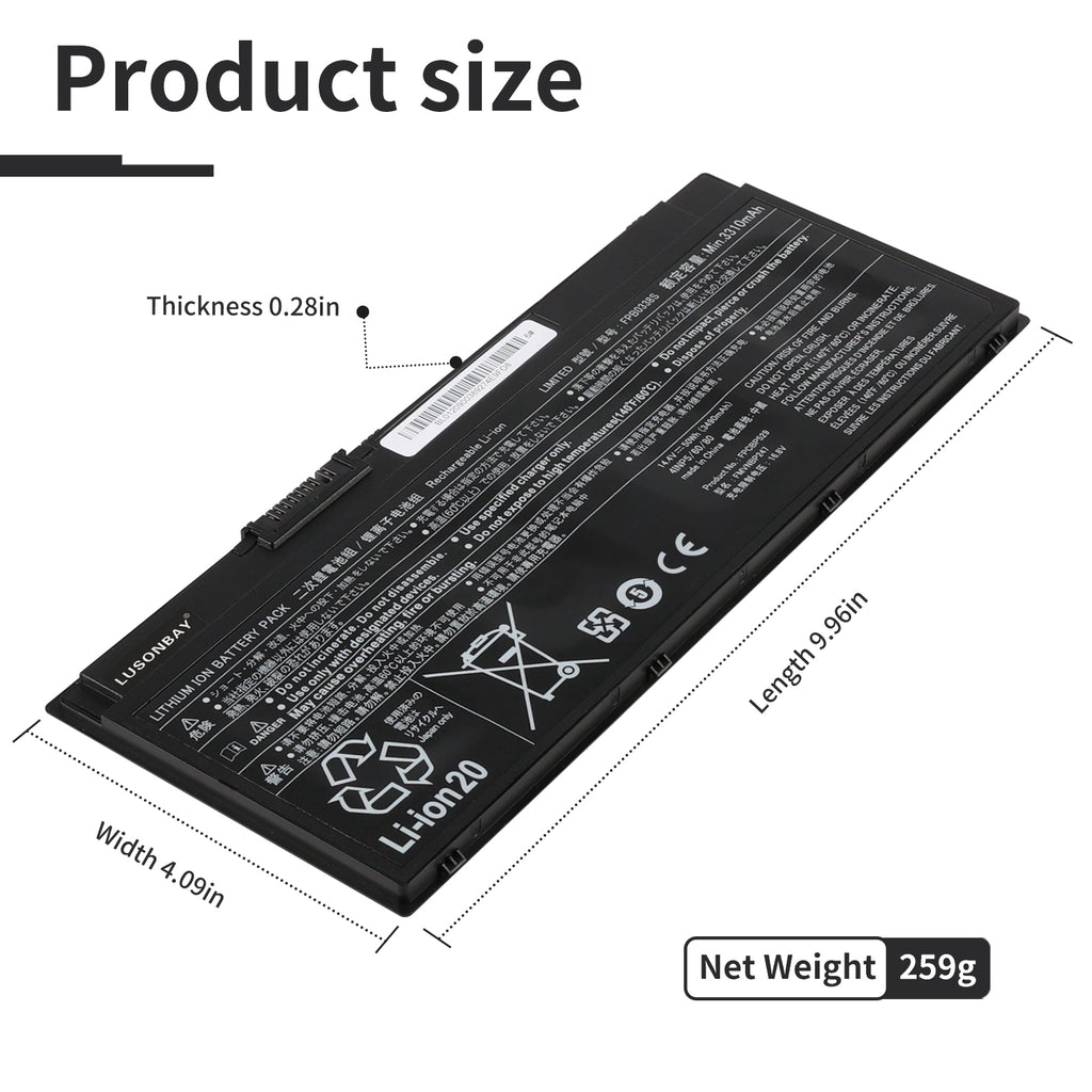 FPB0338S Fujitsu LifeBook battery dimensions 9.96 x 4.09 x 0.28 inches, net weight 259g, size diagram