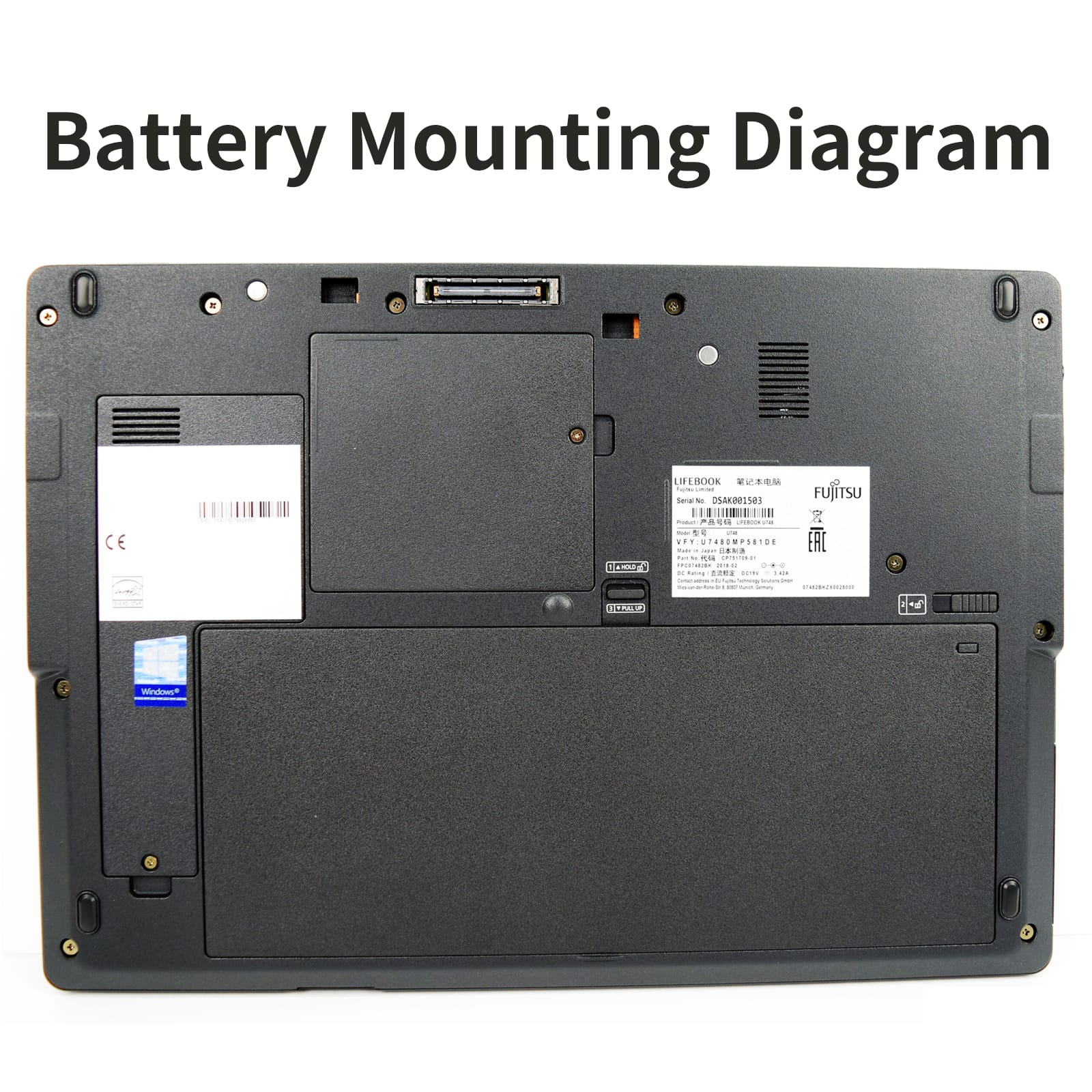 FPB0338S battery mounting position inside Fujitsu LifeBook laptop, internal installation diagram