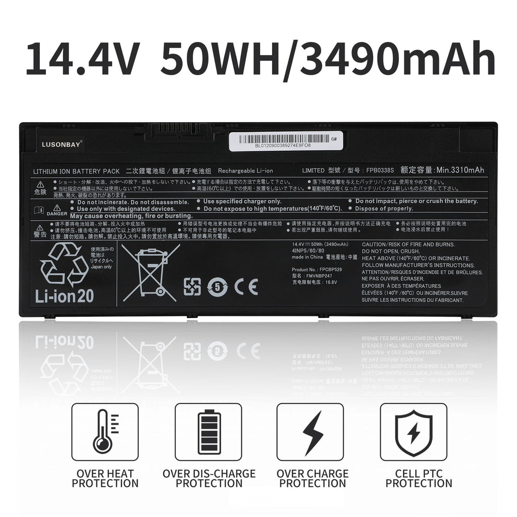 FPB0338S Fujitsu battery specs 14.4V 3490mAh 50Wh with overheat overcharge PTC protection icons