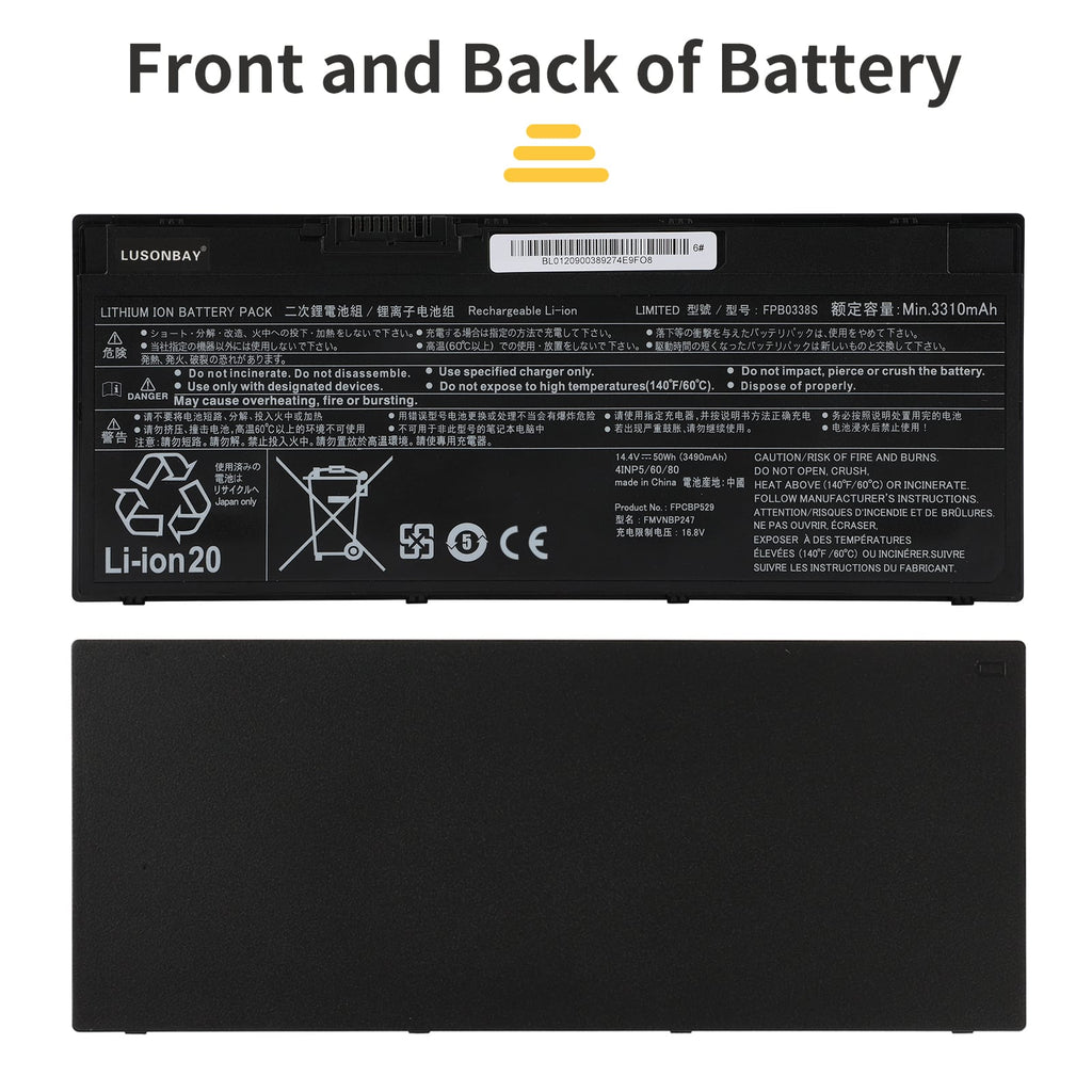FPB0338S replacement battery front and back dual side view, Li-ion 14.4V for Fujitsu LifeBook E/U/T