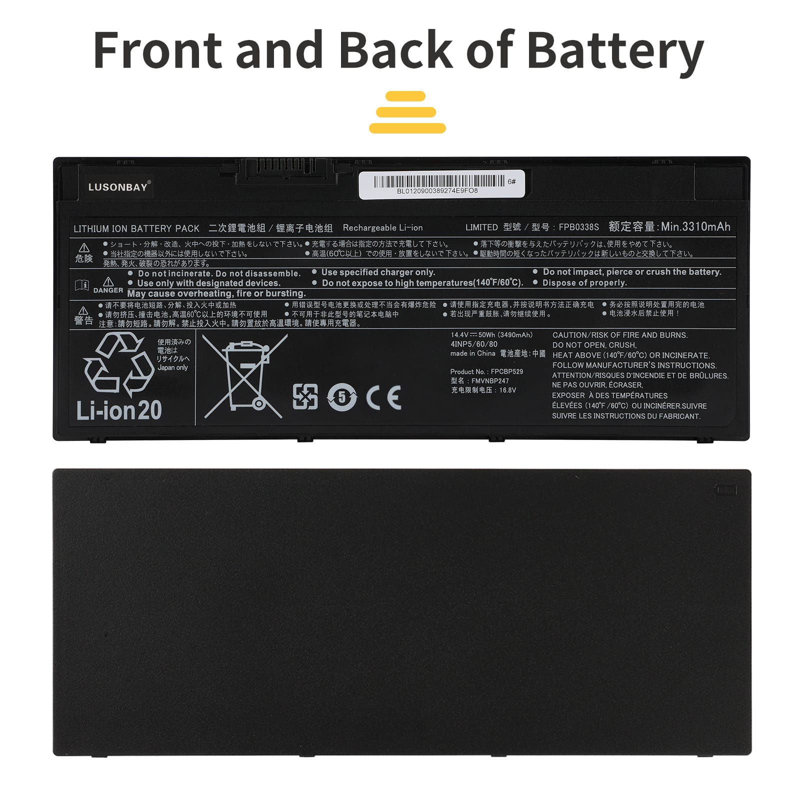 FPB0338S replacement battery front and back dual side view, Li-ion 14.4V for Fujitsu LifeBook E/U/T