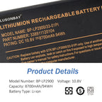 BP-LP2900 battery product details, Model BP-LP2900 33-01PI 10.8V 8700mAh 94Wh Li-ion, label specifications close-up