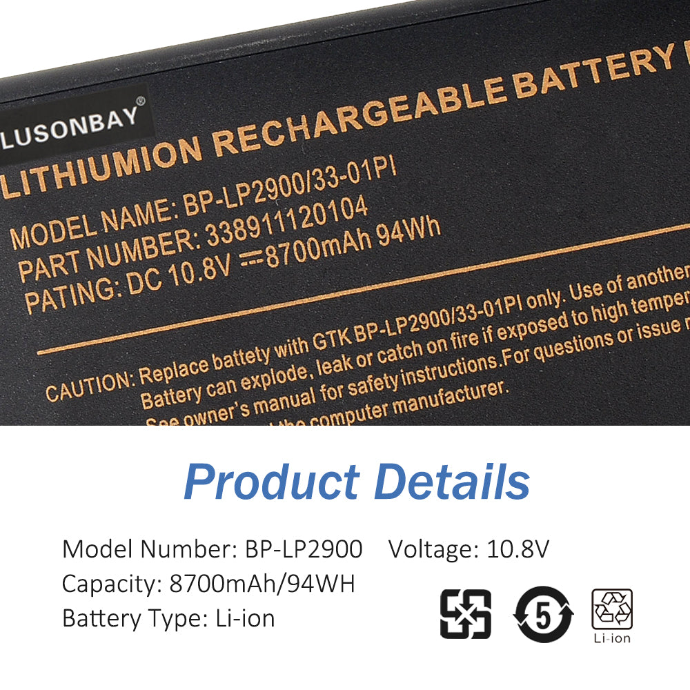 BP-LP2900 battery product details, Model BP-LP2900 33-01PI 10.8V 8700mAh 94Wh Li-ion, label specifications close-up