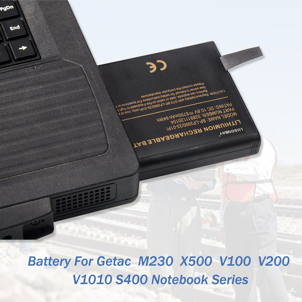 BP-LP2900 battery mounting on Getac M230 X500 V100 V200 V1010 S400 notebook series, compatible model reference