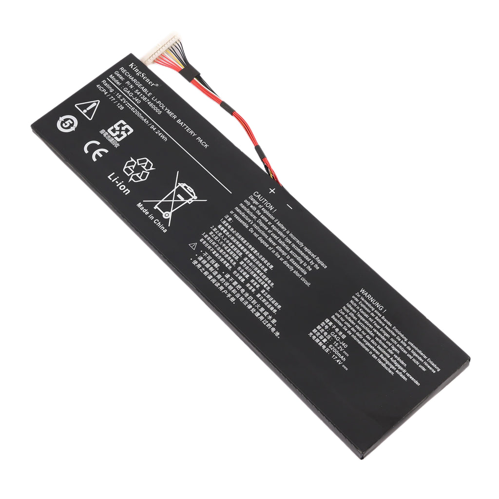GAG-J40 replacement battery 15.2V 94.24Wh for Gigabyte Aero 15 RTX Aorus X7 Dt V6 V7 V8, diagonal view with flex cable and label