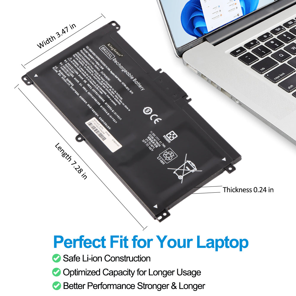 HP BK03XL replacement Li-ion laptop battery 11.55V 41.7Wh dimensions 7.28 inch perfect fit for HP laptop