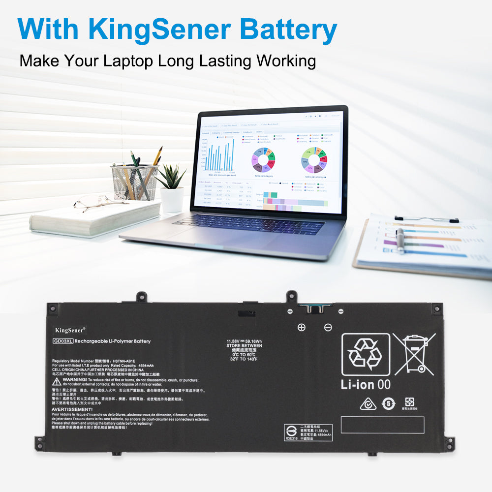 GD03XL battery back view showing KingSener branding and HSTNN-AB1E regulatory label