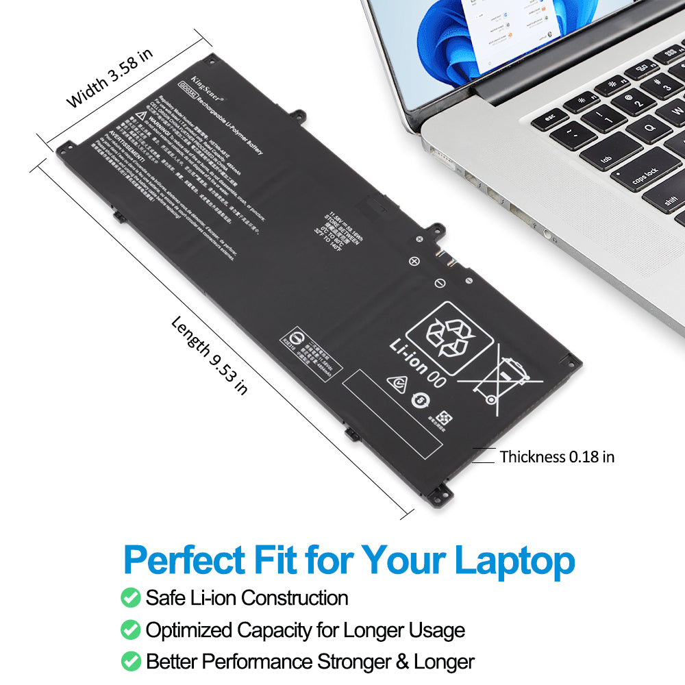 GD03XL battery dimensions showing length 9.53 in, width 3.58 in, thickness 0.18 in