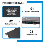 GD03XL battery product details with battery parameters, interface, and battery buckle close-ups