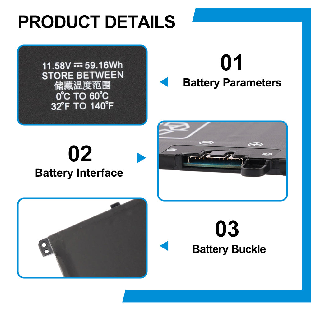 GD03XL battery product details with battery parameters, interface, and battery buckle close-ups