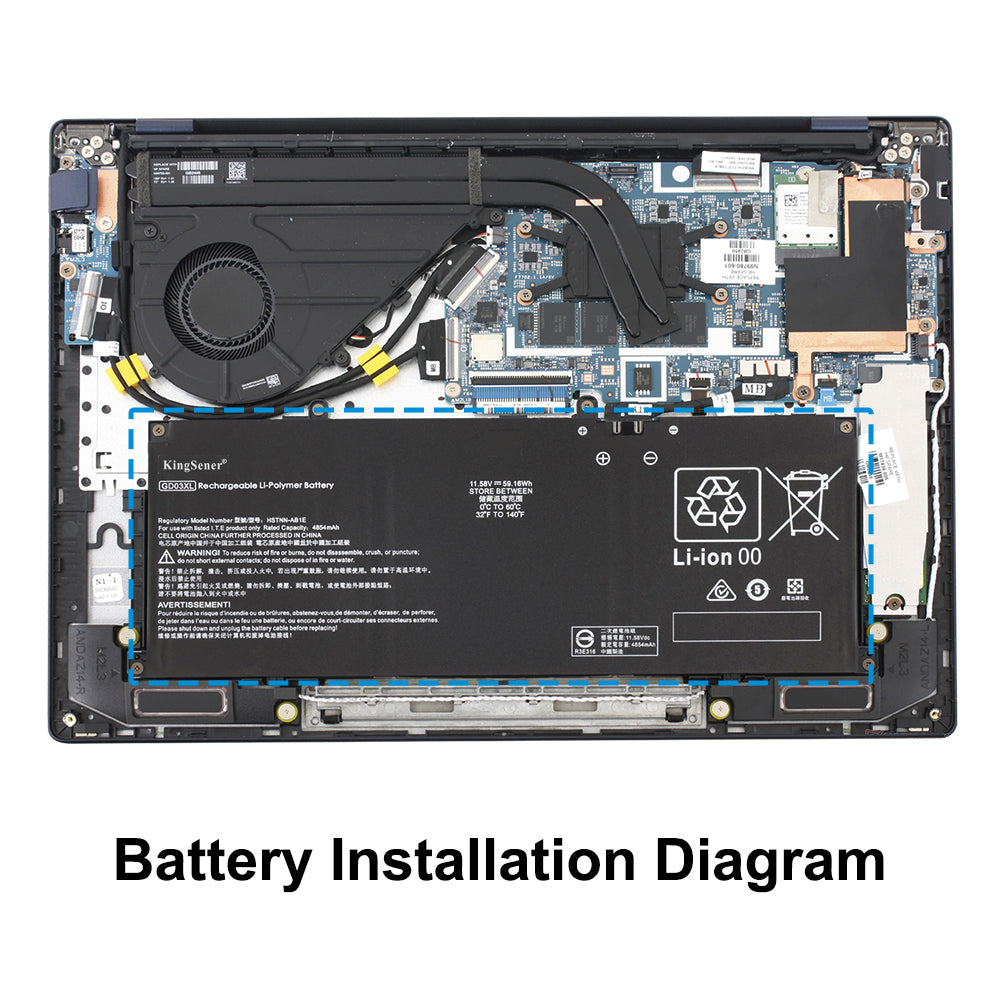 GD03XL battery installation diagram inside HP Envy x360 14 2-in-1 laptop chassis