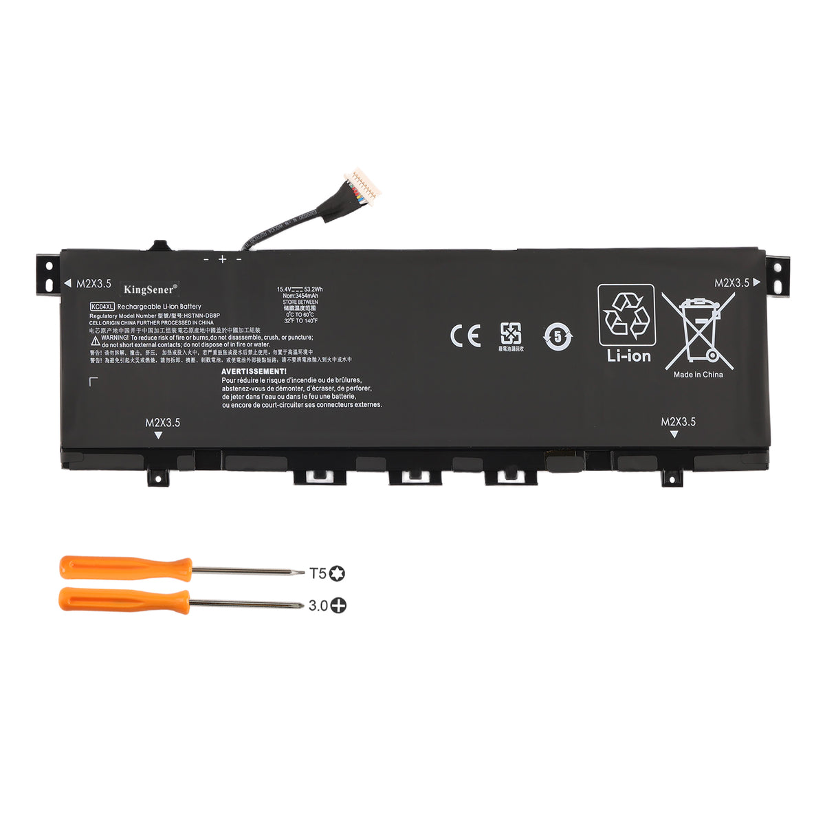 KC04XL 15.4V 53.2Wh 3454mAh HP replacement battery white background hero shot with T5 Torx and 3.0 Phillips screwdriver toolkit for Spectre ultrabook