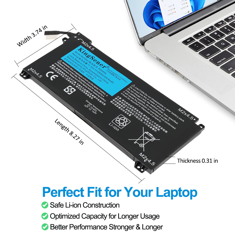 PG06XL HP Omen 15 battery dimensions 8.27 x 3.74 x 0.31 inches, size diagram with laptop compatibility, safe Li-ion construction