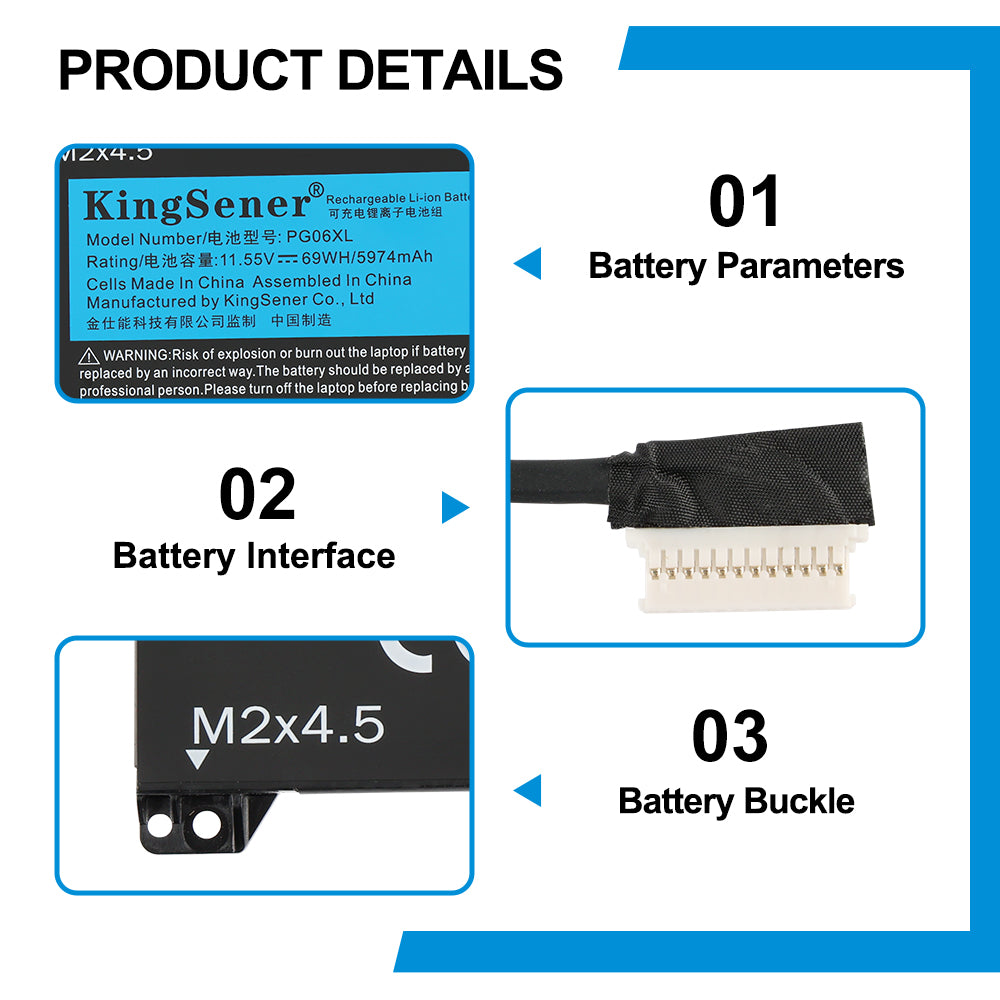 PG06XL battery product details, 11.55V 5974mAh 69Wh Li-ion parameters, multi-pin interface connector, and M2x4.5 battery buckle design
