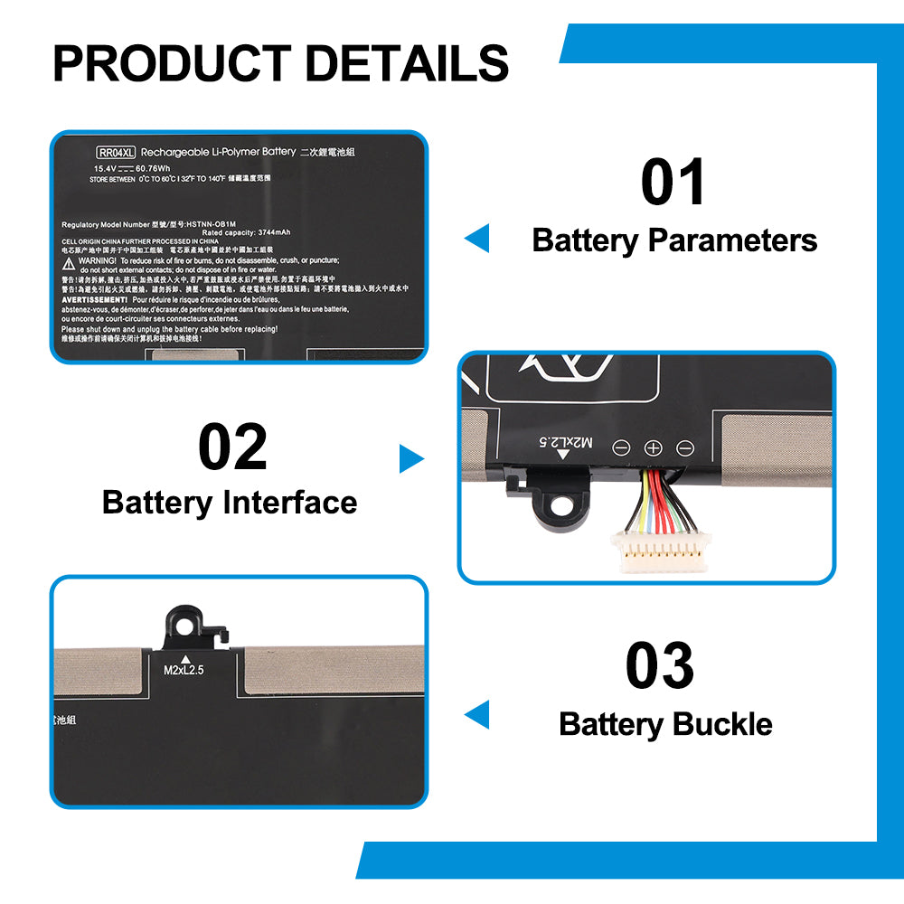 HP RR04XL replacement Li-polymer laptop battery 15.4V 60.76Wh specs with 10-pin interface and metal buckle