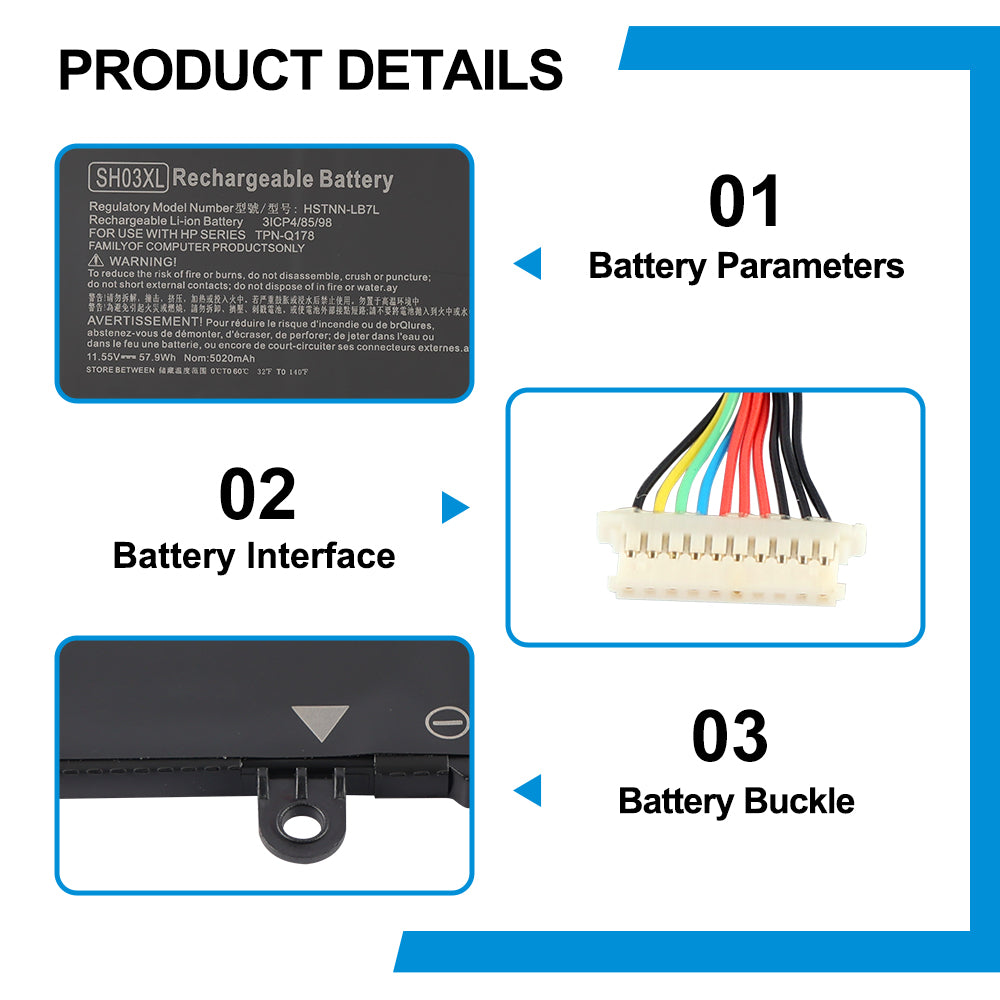 HP SH03XL replacement Li-ion laptop battery 11.55V 57.9Wh 5020mAh specs 12-pin interface with metal buckle