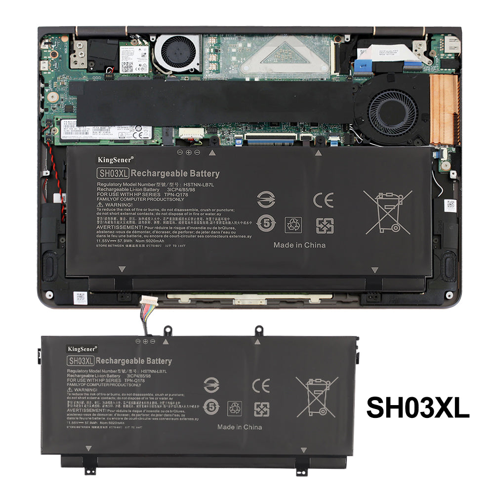 HP SH03XL replacement Li-ion laptop battery 11.55V 57.9Wh 5020mAh installation diagram inside HP laptop